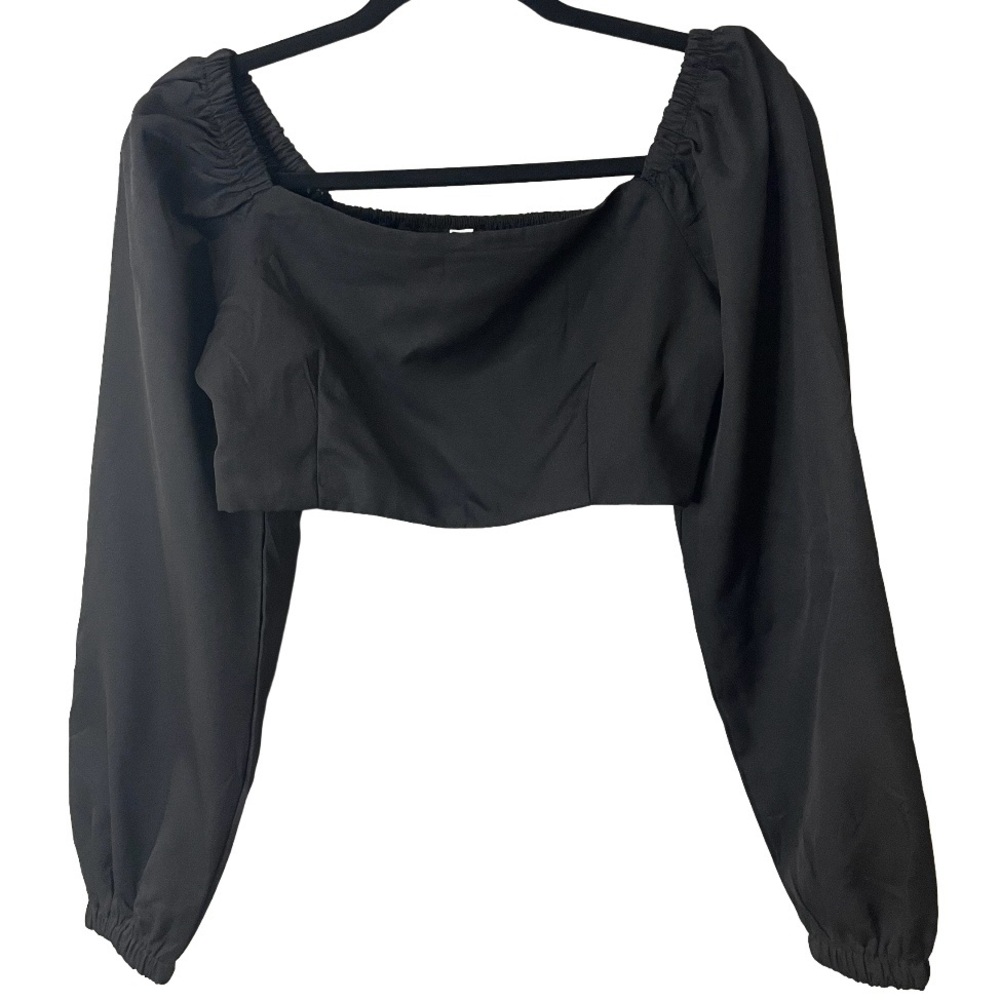 SAFIRA Crop Top   Balloon Long Sleeve Black Smocked Back SZ Lg EUC